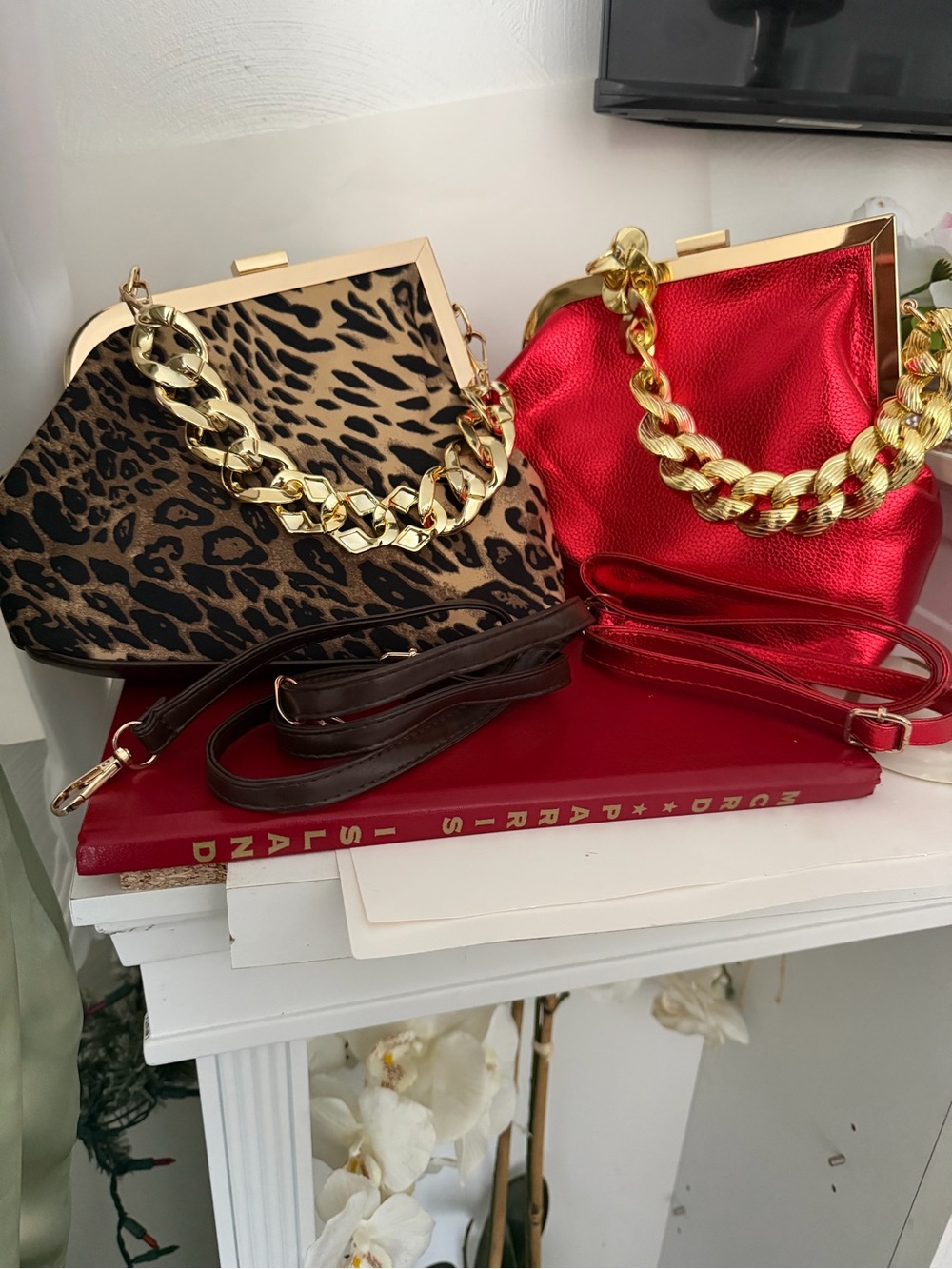Red Metallic Frame-Top Handbag with Gold Chain